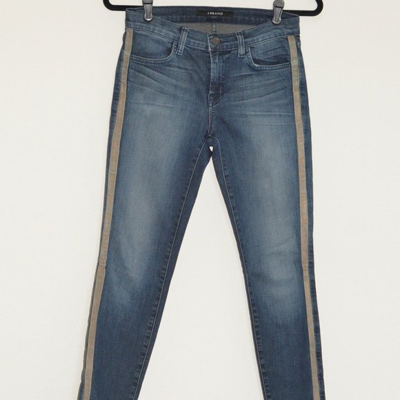 J Brand Kacie Mid Rise Tuxedo Stripe Leather Side Stripe Skinny Jeans | 27 - Picture 5 of 9